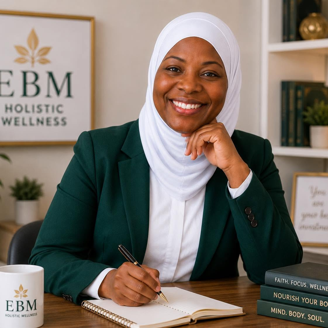 Coach Zubee, founder of EBM Holistic Wellness, at her desk