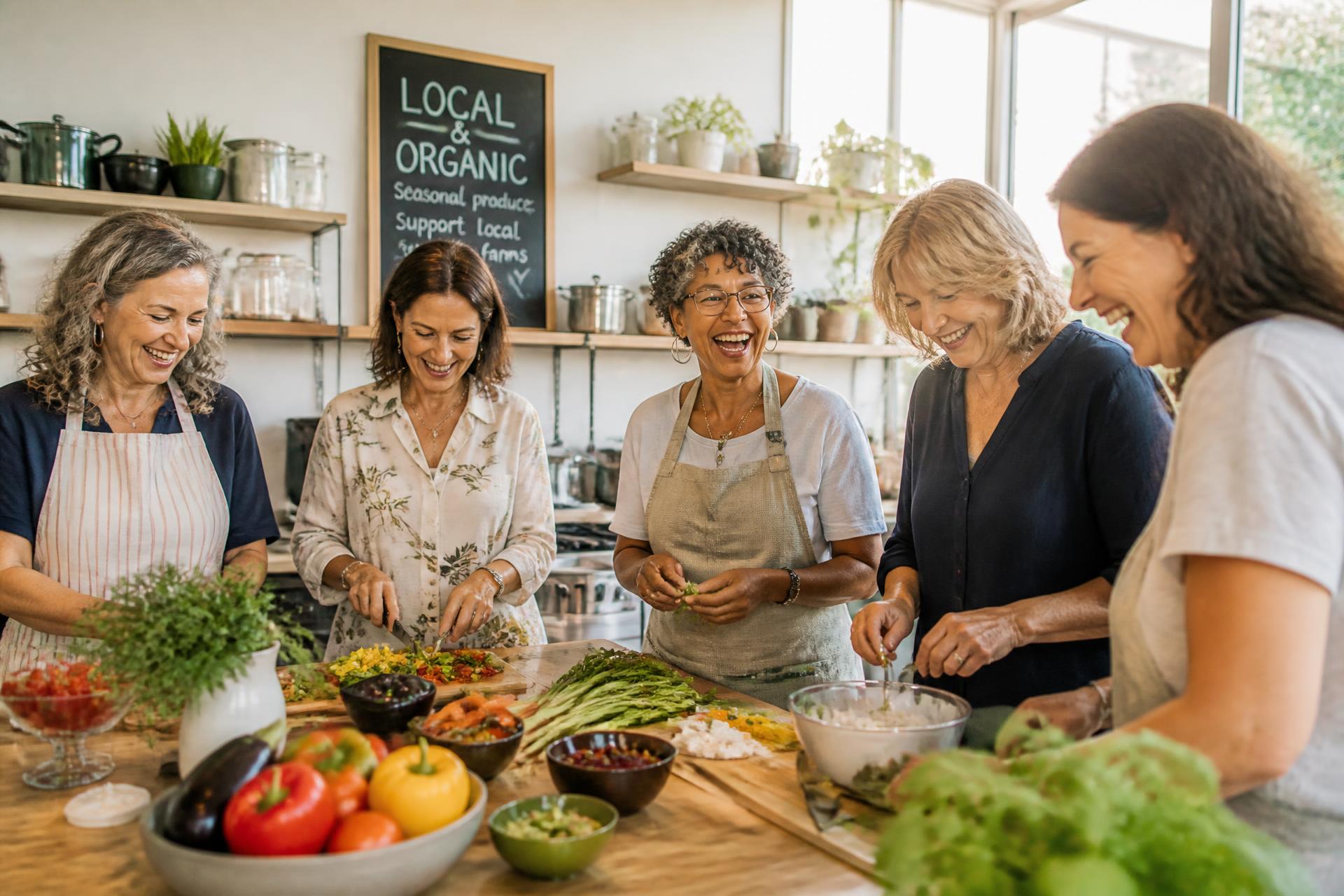 Women cooking a healthy meal together in a bright community kitchen