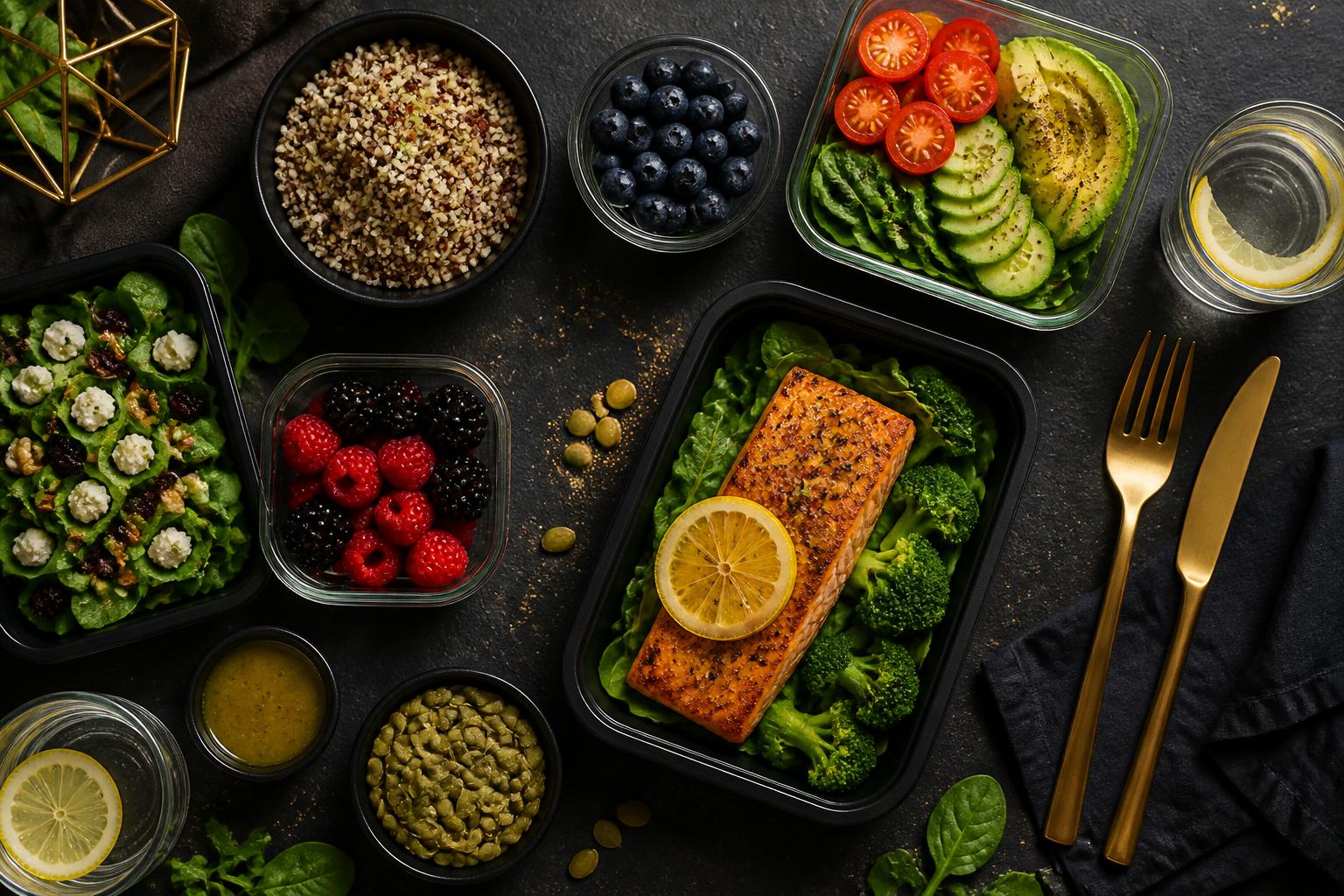 Colorful prepared healthy meals with fresh vegetables, salmon, and berries